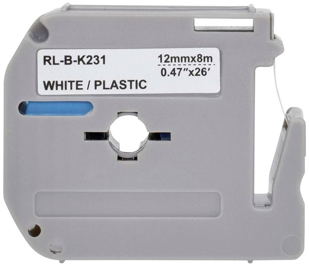 En grå etiketbåndskassette med påskriften 'RL-B-K231, 12mm x 8m, WHITE/PLASTIC', egnet til labelprinter.