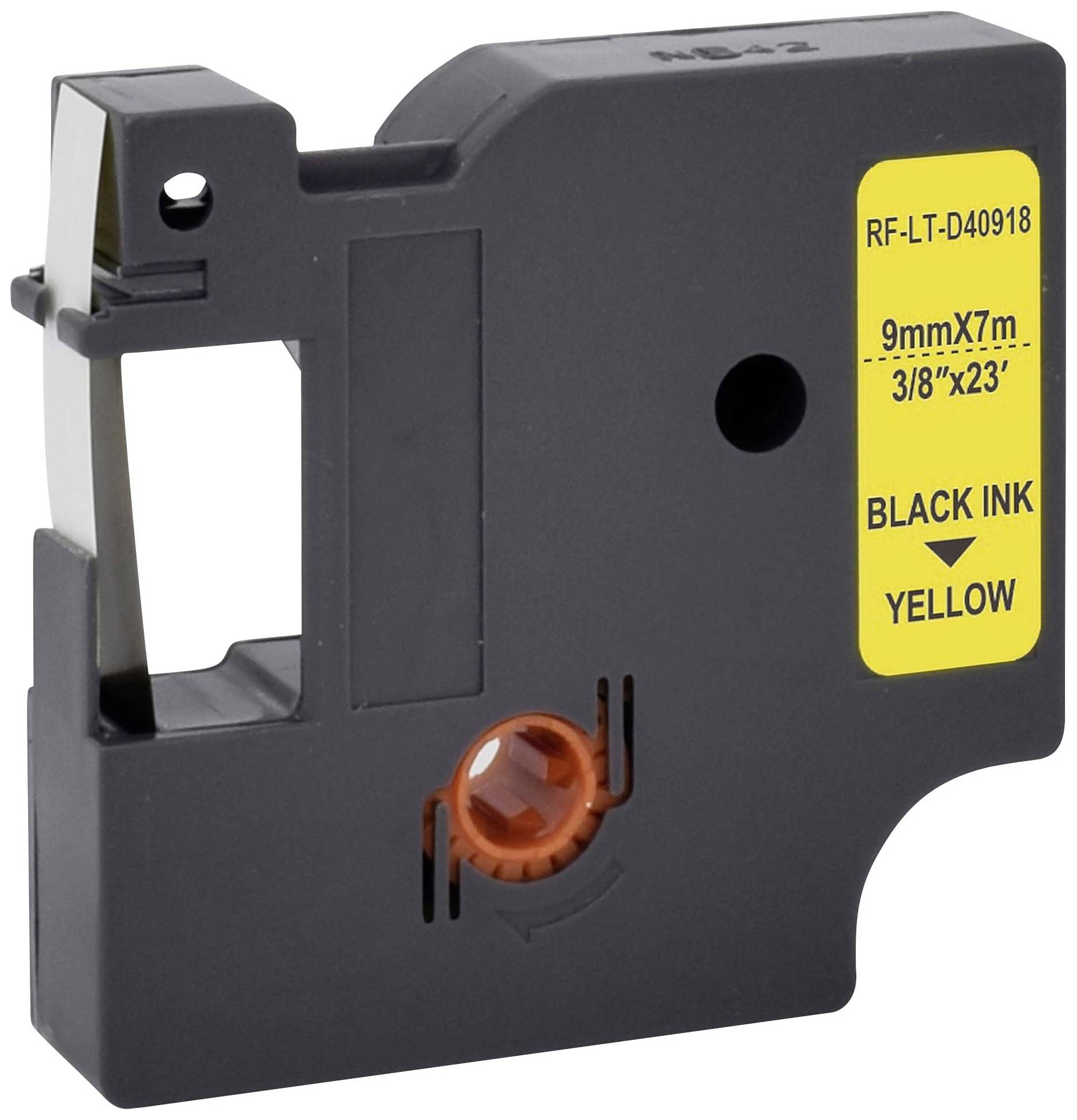 Etiketbåndkassette med sort blæk på gul baggrund, størrelse 9 mm x 7 m. Kompatibel med specifikke printermodeller.