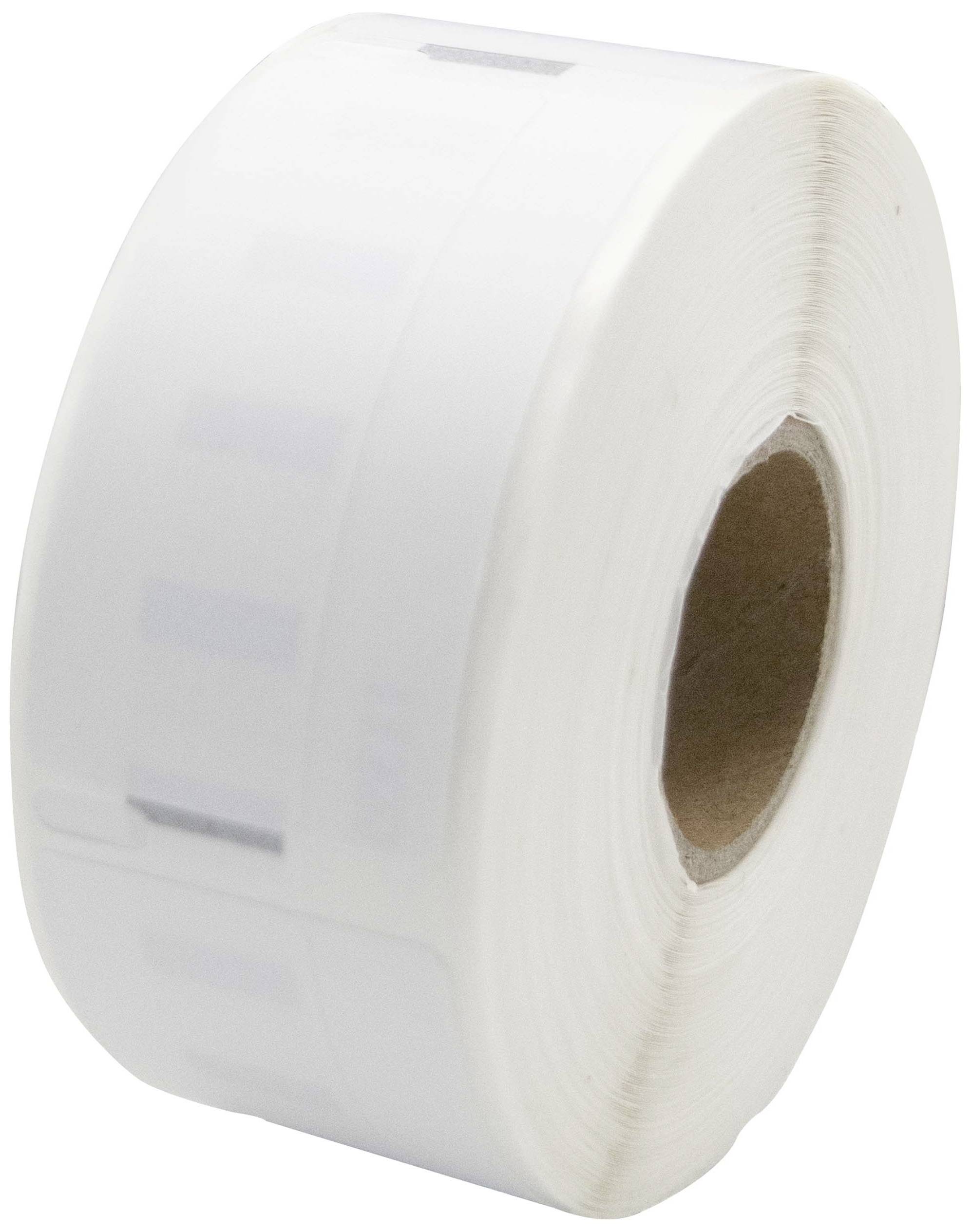 Hvid rulle med etiketter fremstillet af papir. Den er egnet til printere og har en brun papkerne.