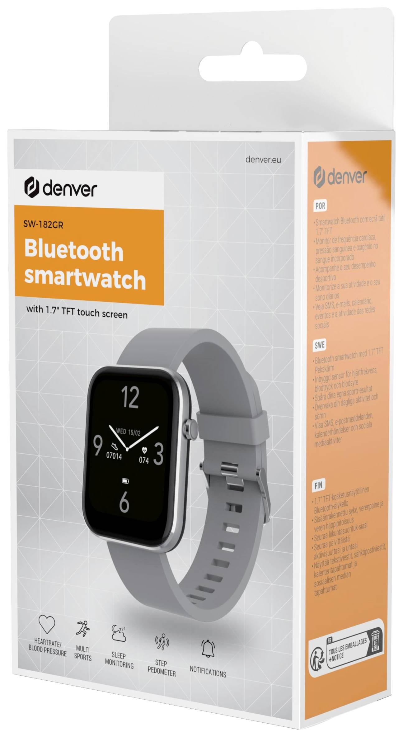 Emballage til et grå Bluetooth smartwatch med 1,7 tommer TFT-touchskærm. Hovedfunktioner: Pulsmåling, skridt, meddelelser.