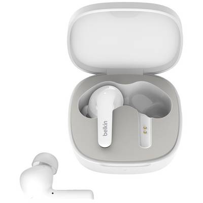 Trådløse in-ear høretelefoner i et åbent opladningsetui. En enkelt høretelefon ligger ved siden af. Ordet 'belkin' er trykt på.