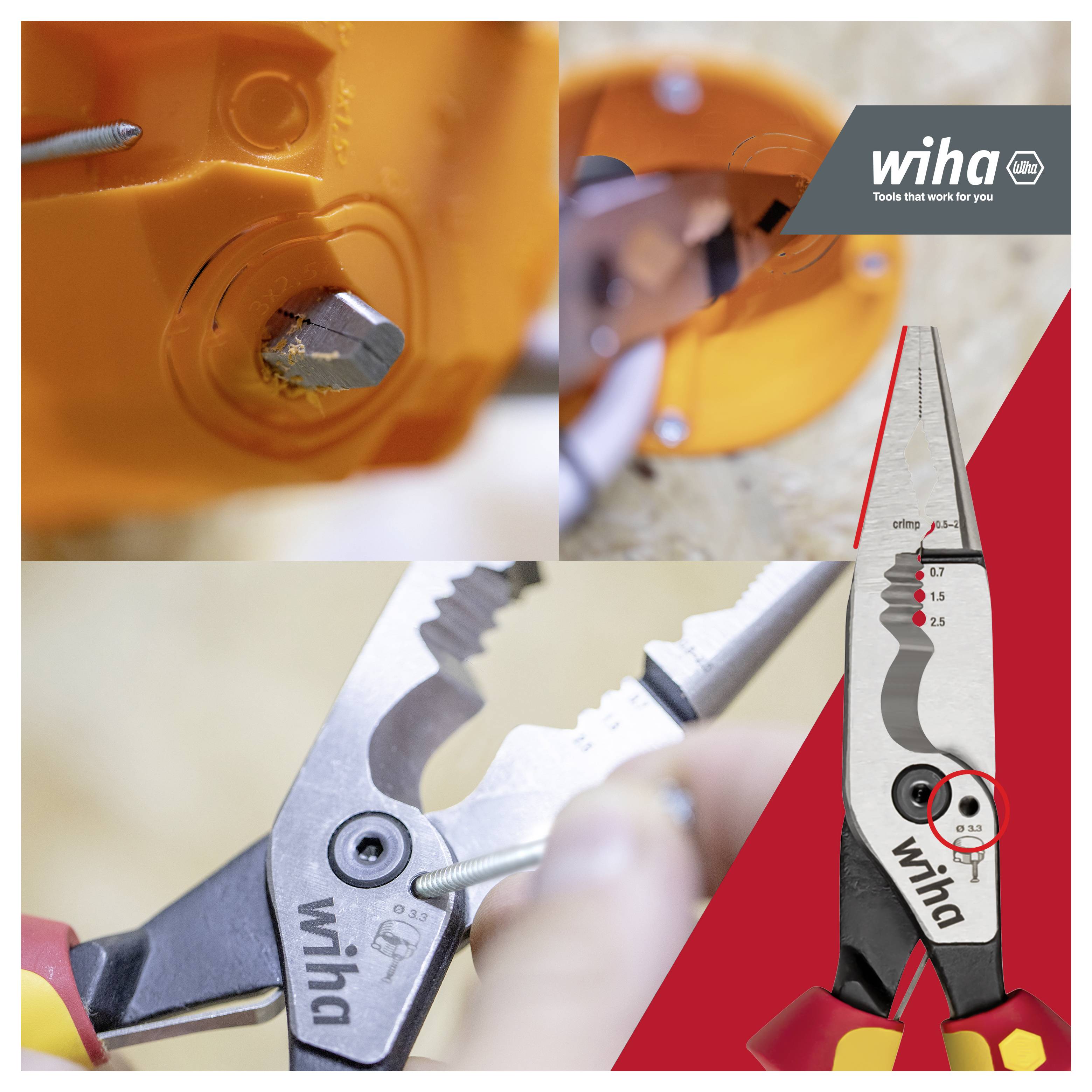 Kollage, der viser Wiha-tænger, som bliver brugt til at gribe og justere en lille skrue inden i en orange elektrisk komponent, med nærbilleder af værktøjet og kæbemarkering.