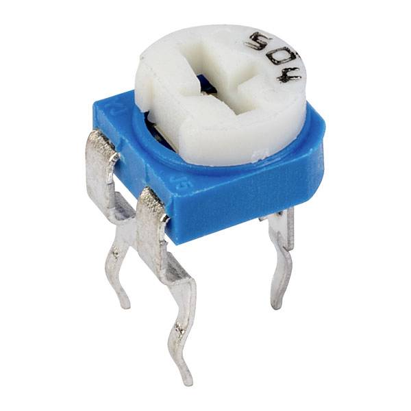 Lille, blå justerbar modstand (potentiometer) med tre metalben og hvid drejeknap øverst, typisk brugt til kalibrering.