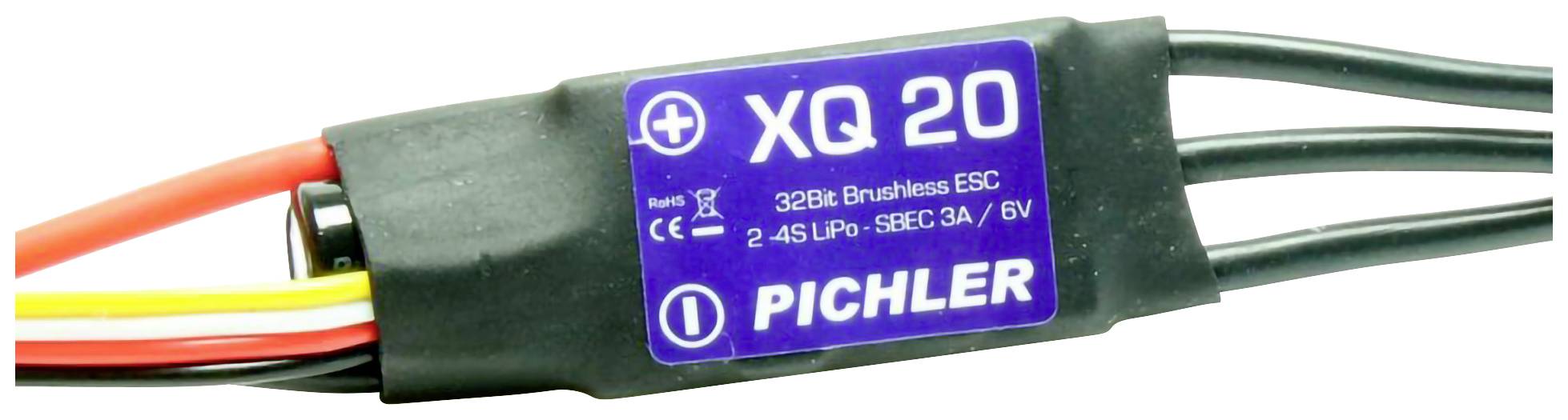 En elektrisk regulator mærket 'XQ 20' og 'Pichler', kompatibel med 2-4S LiPo, 5BEC 3A, 6V, omgivet af kabler i forskellige farver.