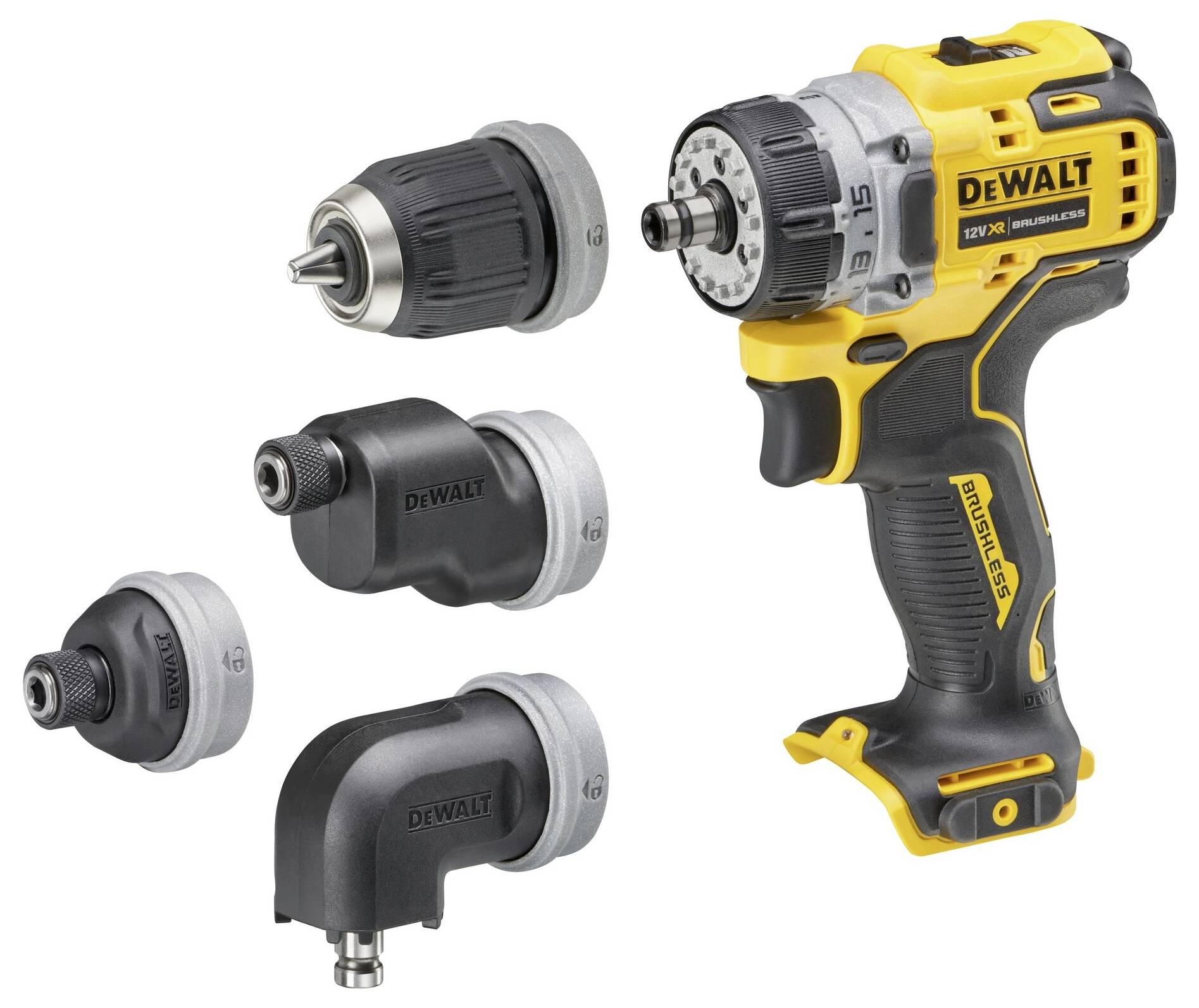 Dewalt akku-skruemaskine med fire udskiftelige hoveder til forskellige anvendelser. Inkluderer borepatron og tre vinkelsystem-adapters.