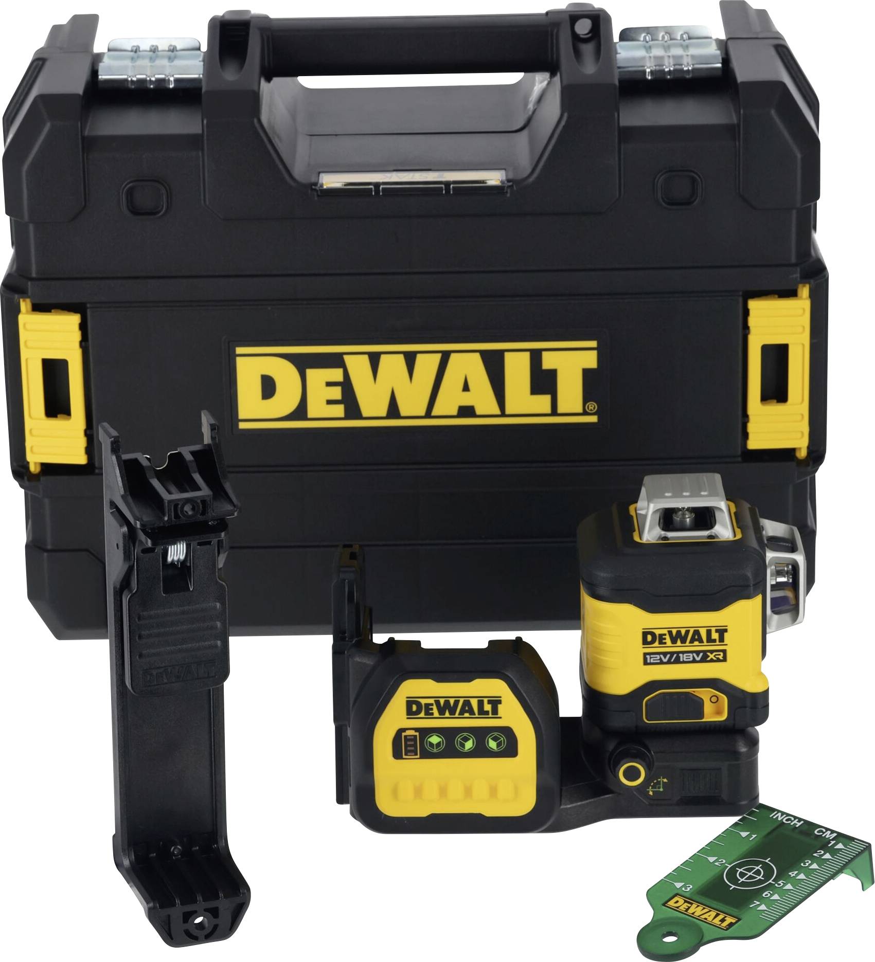 Dewalt værktøjssæt med kuffert, batterioplader og laserapparat. Primært holdt i sort og gul.
