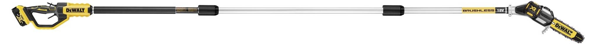 Teleskopisk grensav med gul-sort håndtag, ideel til beskæring af grene i stor højde.
