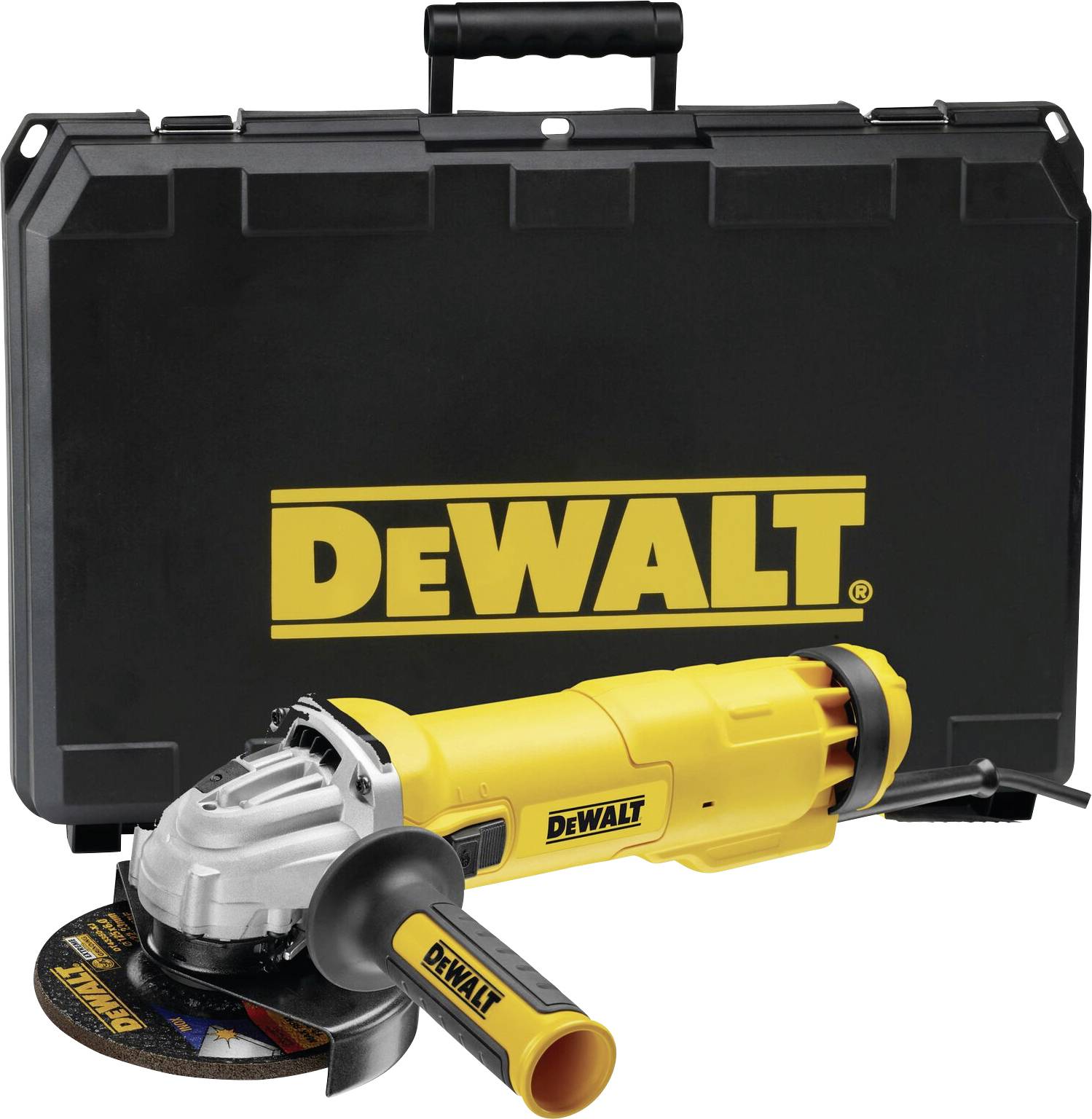 DEWALT vinkelsliber i gul med et håndtag, afbildet foran en sort værktøjskasse med DEWALT-logoet.