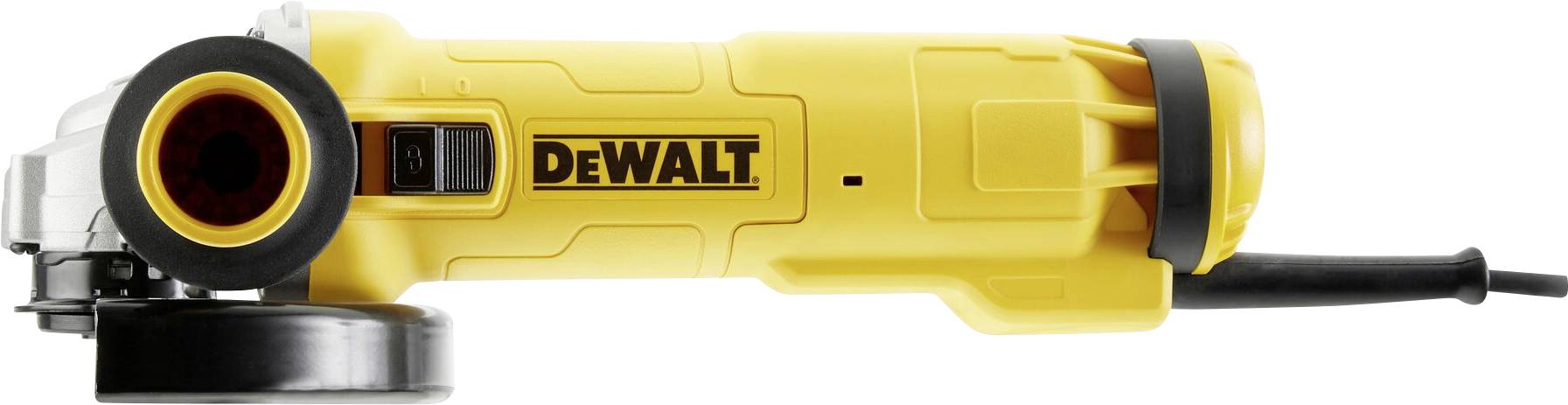 Gul vinkelsliber med sort ledning, "DEWALT"-logo på siden.