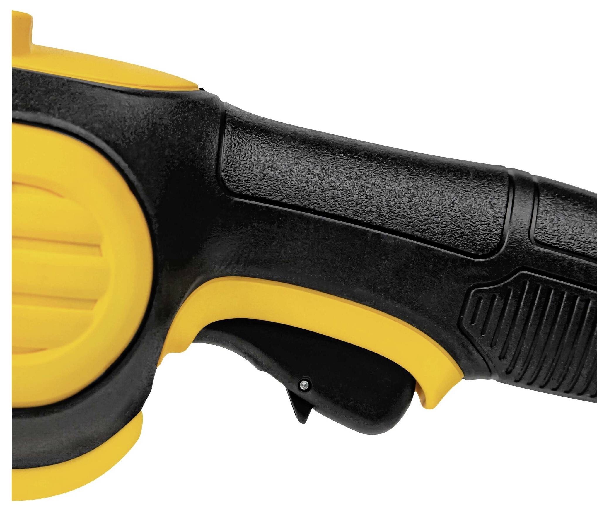 Nærbillede af et sort og gult greb på et værktøj eller apparat med skridsikker overflade og ergonomisk form.