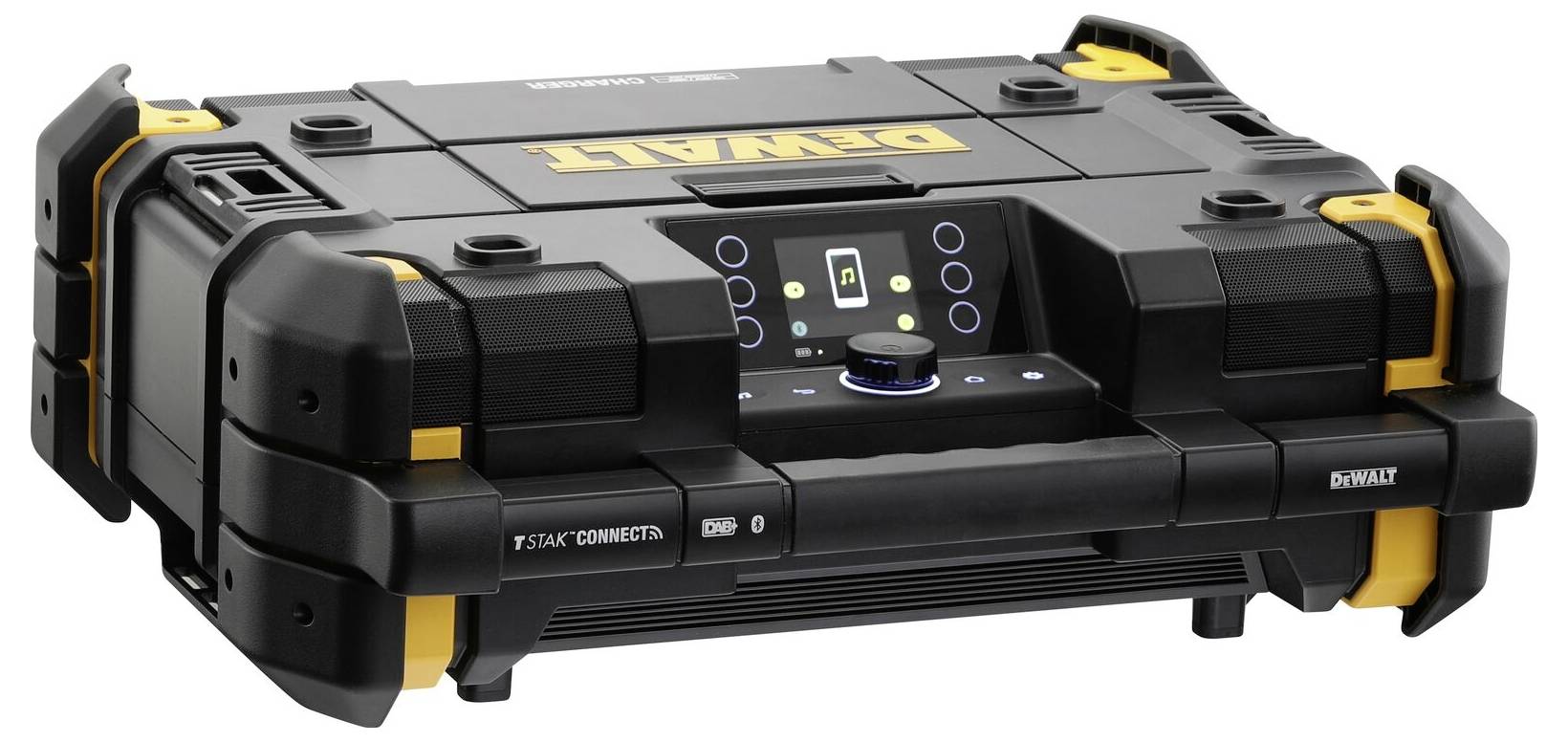 En kompakt, sort DeWalt radio- og opladningsadapter med gule detaljer. Indeholder et digitalt display og betjeningselementer fortil.