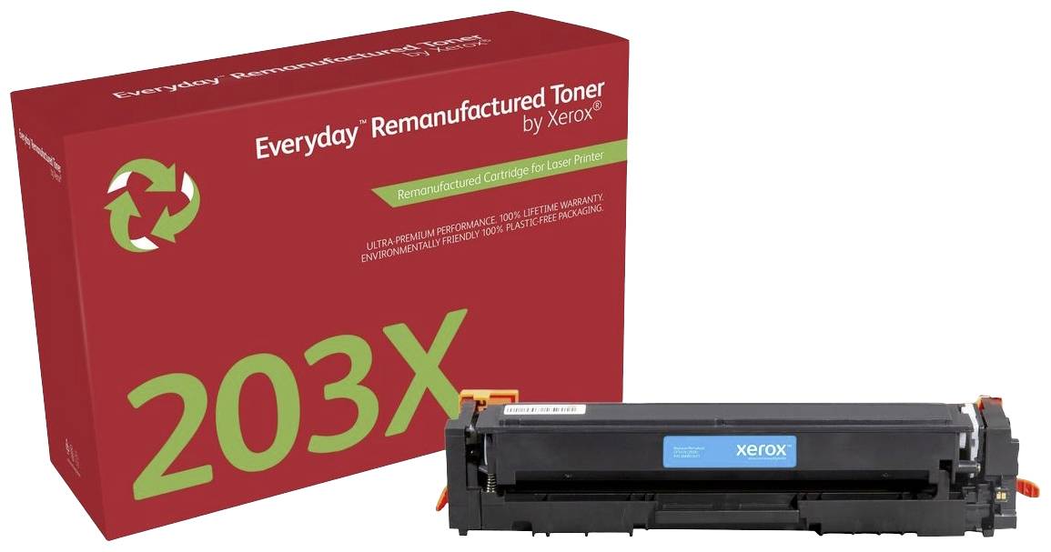 En rød emballage med teksten 'Everyday Remanufactured Toner 203X fra Xerox' og en sort tonerpatron foran.