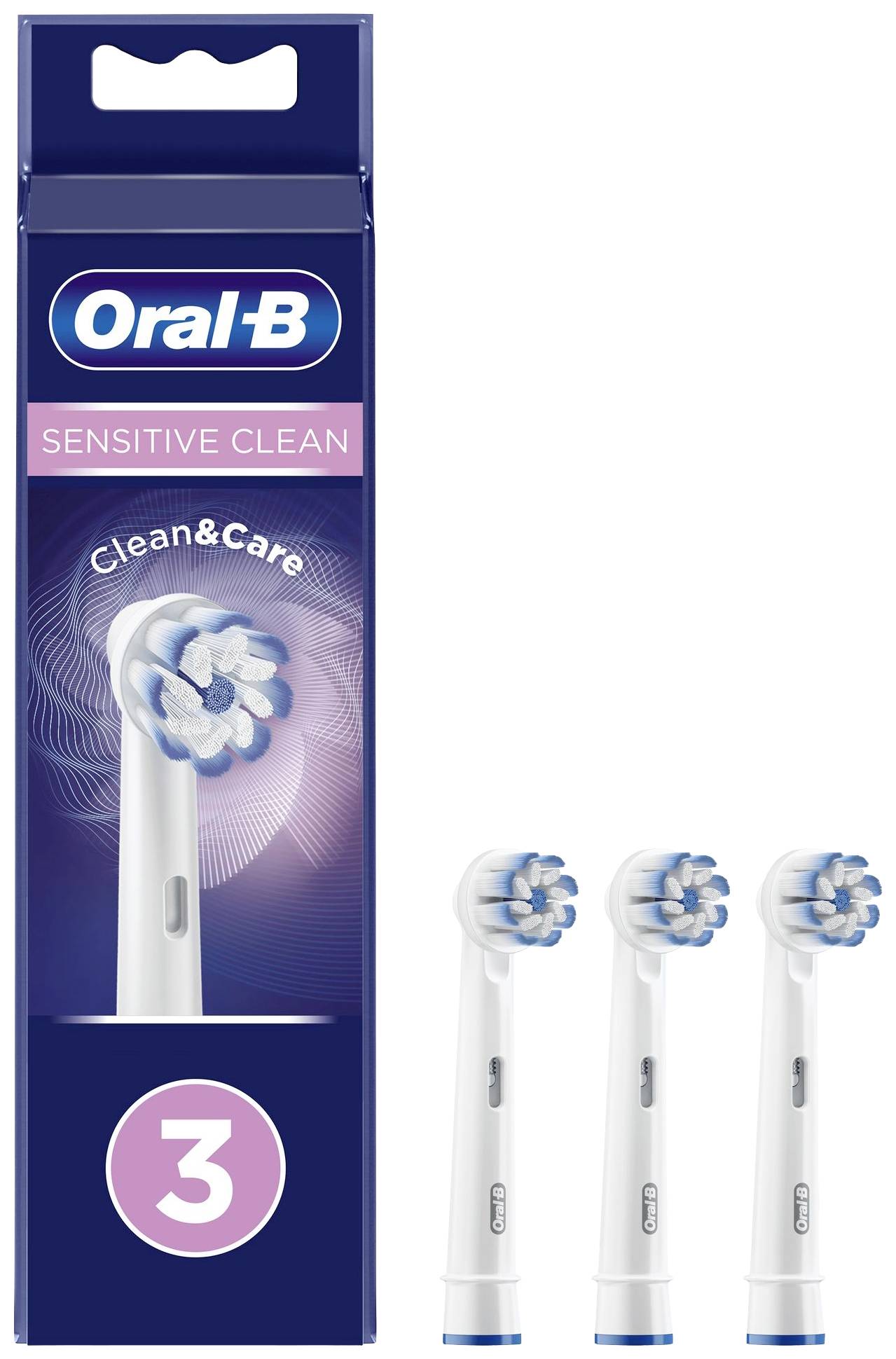 Tre hvide Oral-B Sensitive Clean erstatningsbørster med blå børster ved siden af en emballage. Velegnet til skånsom tandrensning.