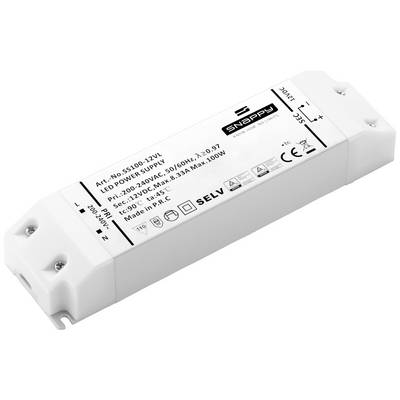 Et rektangulært LED-strømforsyning med specifikationer trykt på overfladen, herunder 100-240V indgang, 12V udgang og 100W effekt, mærket Snappy.
