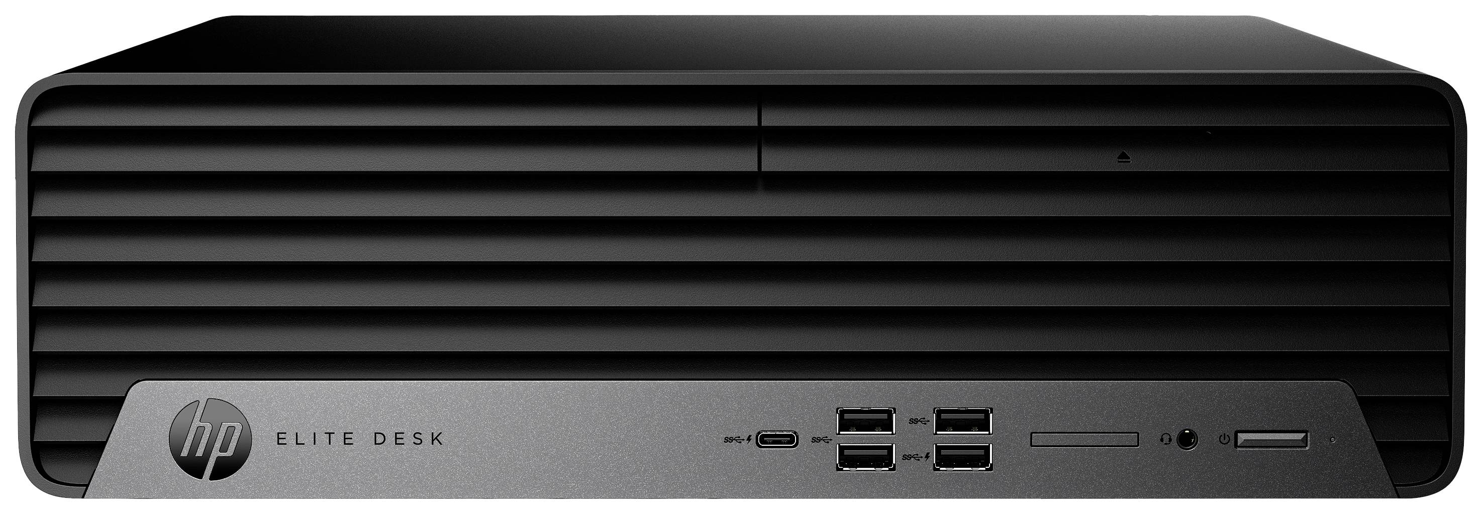 En sort HP Elite Desk-desktopcomputer med flere USB-porte i fronten. Velegnet til kontor- eller hjemmebrug.