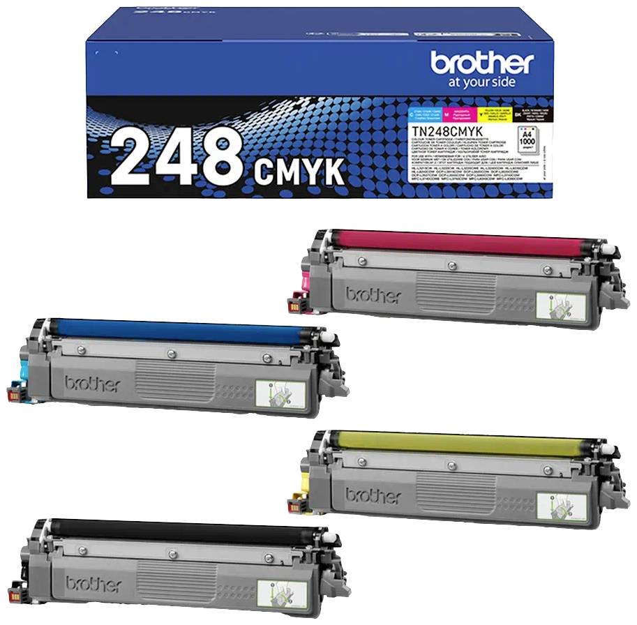 Tonerpatron-sæt med fire farver: Cyan, Magenta, Gul og Sort. Emballage er mærket '248 CMYK'. Primært anvendt til printere.