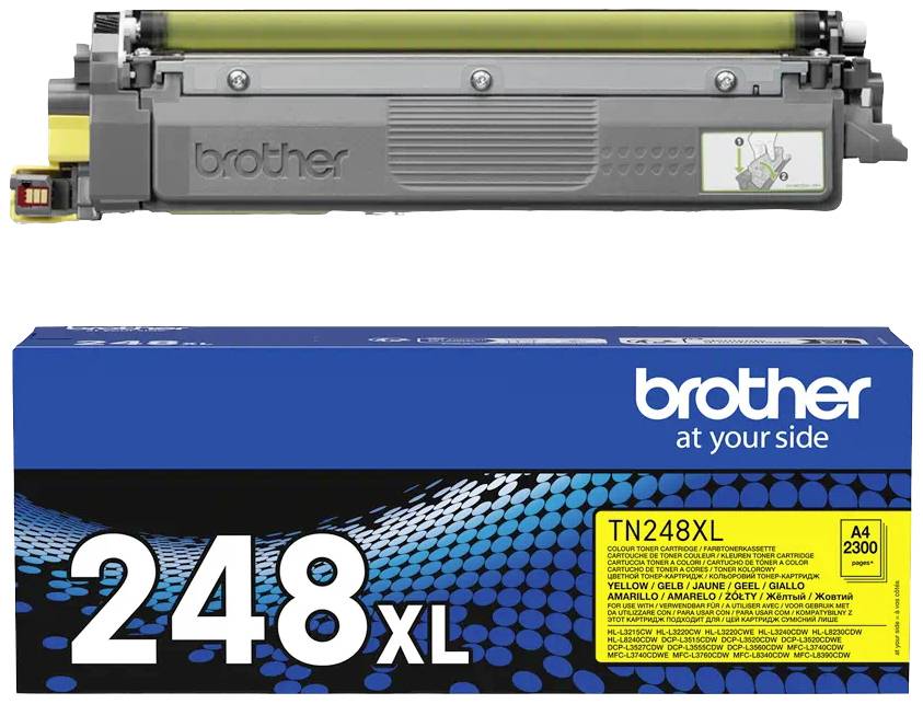 'Brother TN248XL blækpatron i gul. Emballagen viser en kapacitet på 2300 sider og er egnet til forskellige Brother-printermodeller.'