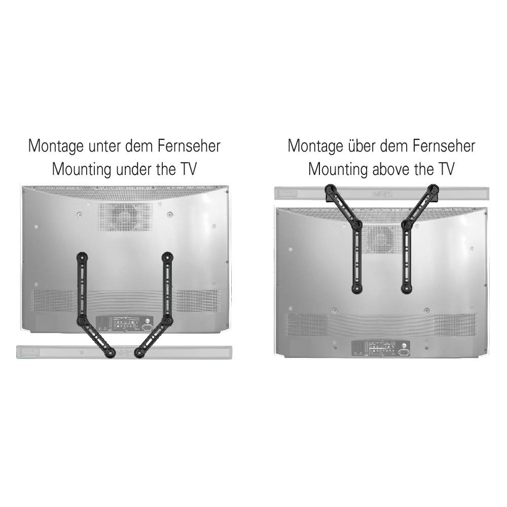 'Montering under fjernsynet' viser en beslag under et TV, 'Montering over fjernsynet' viser et beslag over et TV.