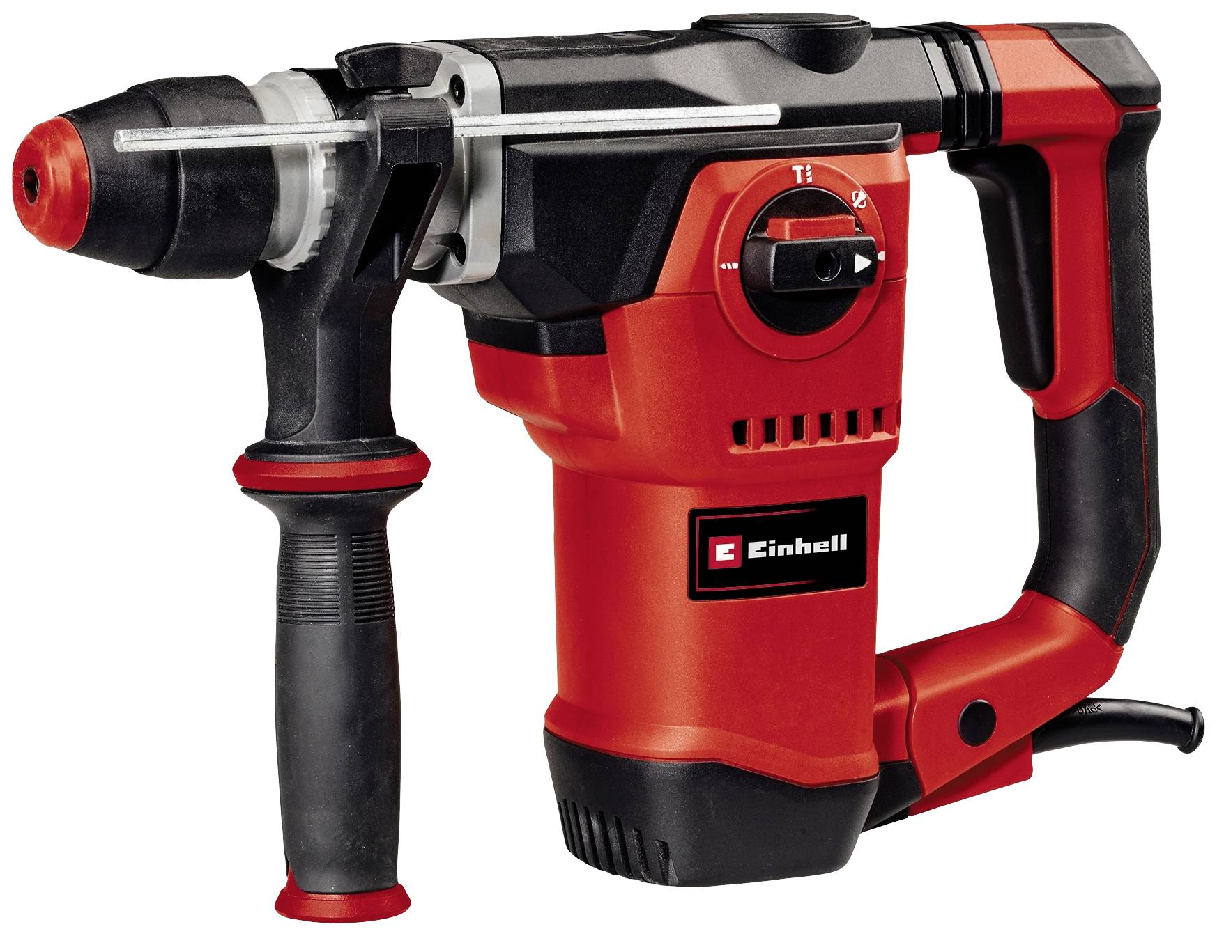 En rød elektrisk mejsel med sort greb og Einhell-logo, står på en hvid overflade.