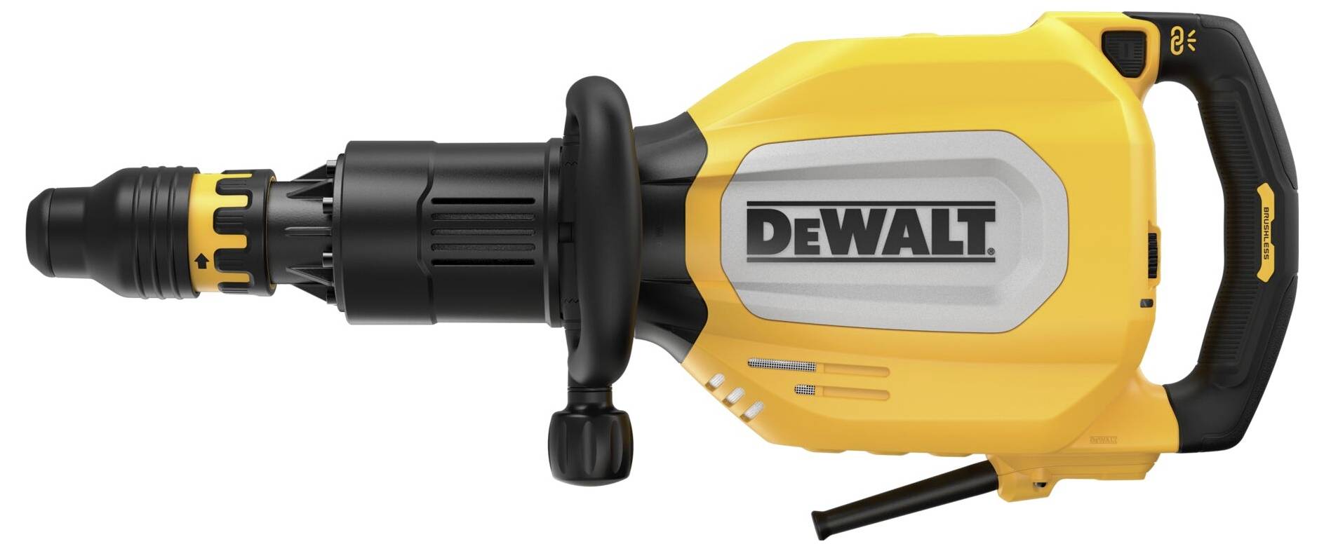En gul og sort borehammer med DeWalt-logo, egnet til tunge bygge- og nedrivningsopgaver.