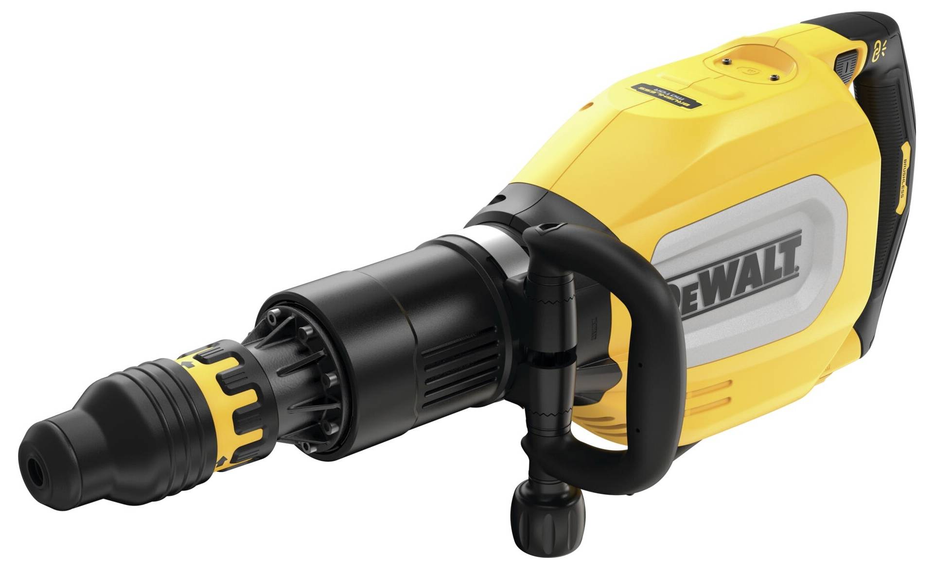 Gul og sort højtydende elektrisk nedbrydningshammer fra Dewalt, primært til byggearbejde eller tunge nedrivningsopgaver.