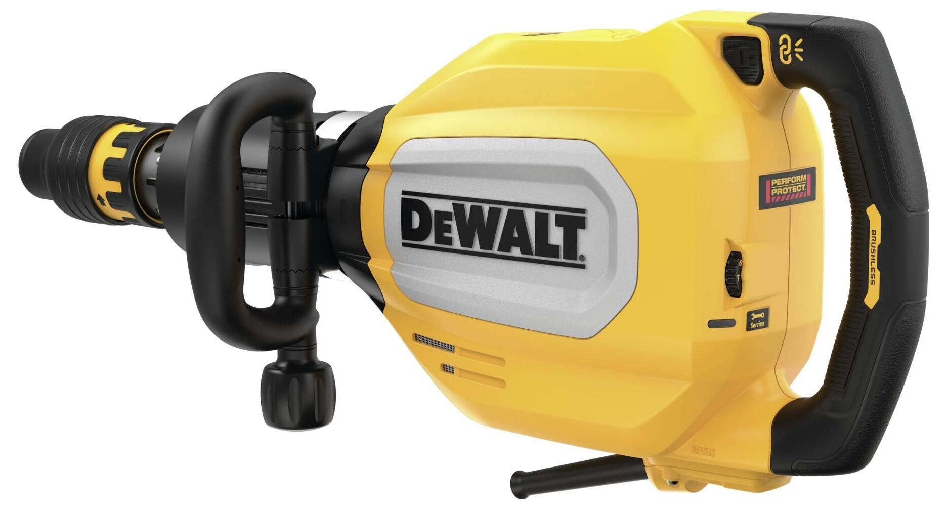 En gul DeWalt-nedbrydningshammer med sort håndtag, egnet til tunge nedrivningsopgaver. Den viser tydeligt DeWalt-logoet.