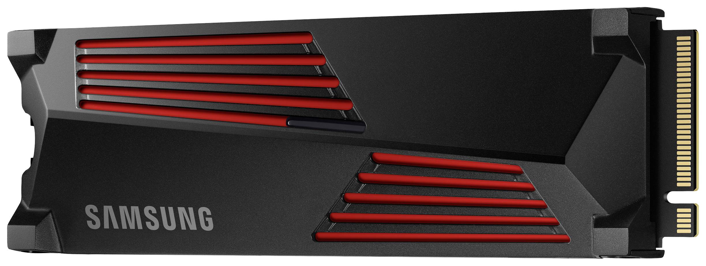 Sort Samsung Solid State-drev med røde striber, udstyret med guldforbindere på siderne. Velegnet til højtydende lagringsløsninger.