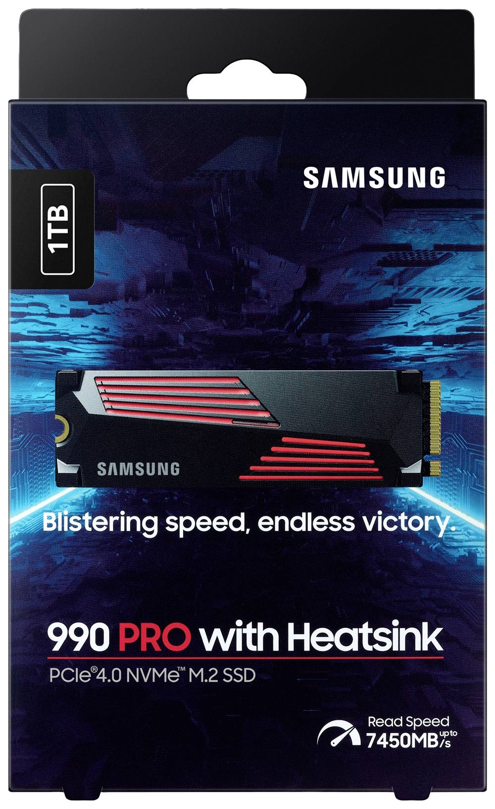 Samsung SSD 990 PRO med køleplade, PCIe 4.0 NVMe M.2, 1TB kapacitet. Lover høj hastighed på 7450 MB/s.
