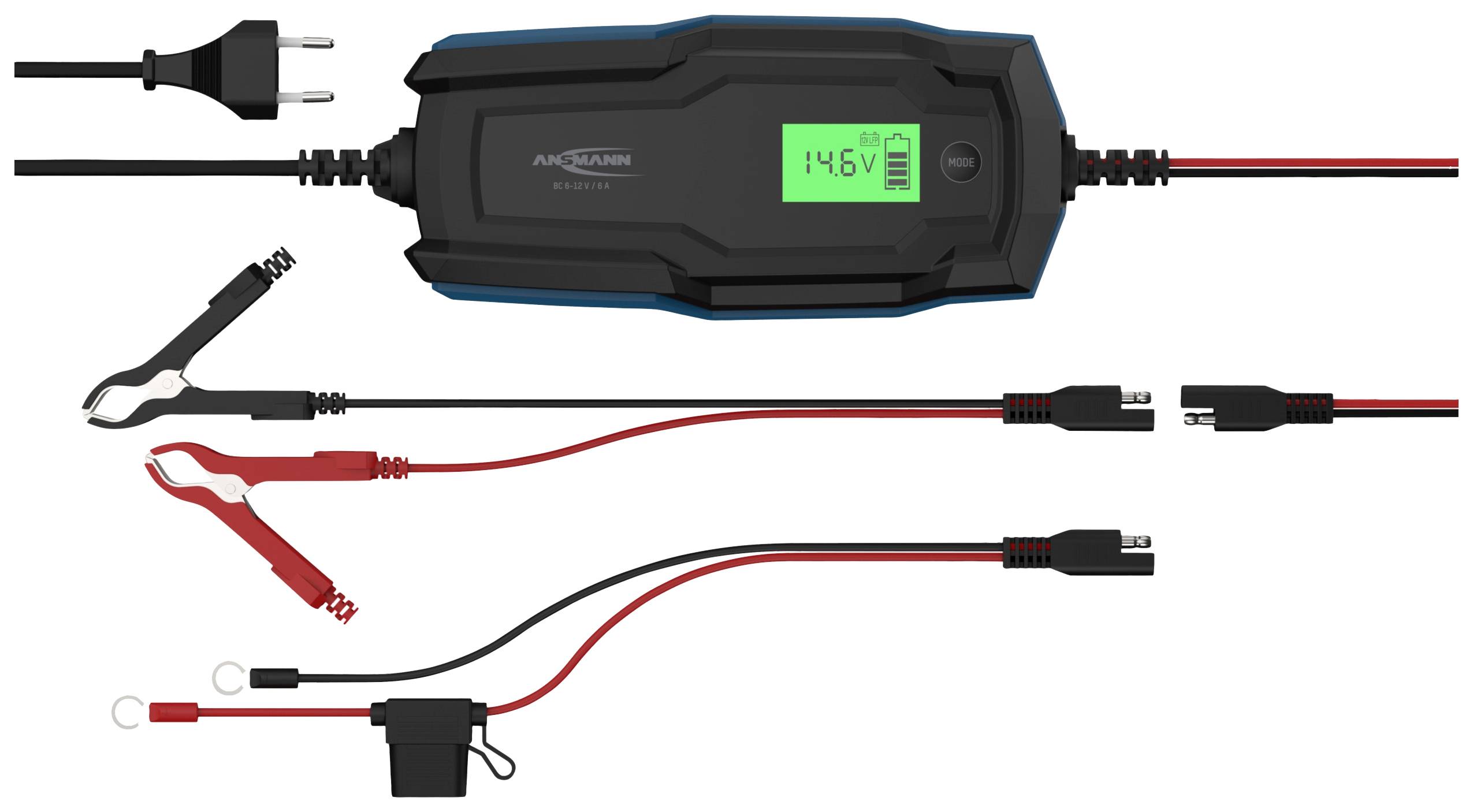 Et batteriopladeren med et digitalt display viser '14.6V'. Forskellige tilslutningskabler ligger ved siden af.