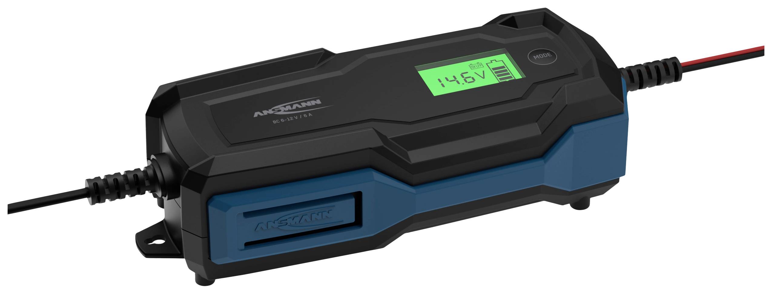 Et kompakt batteriladeapparat med digitalt display viser '14.6V'. Sort kabinet med blå accenter, tilsluttede kabler.