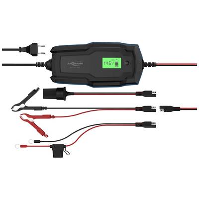 Batterilader med LCD-display viser '14.6V'. Forskellige stik og kabler til forskellige batterisystemer er til stede.
