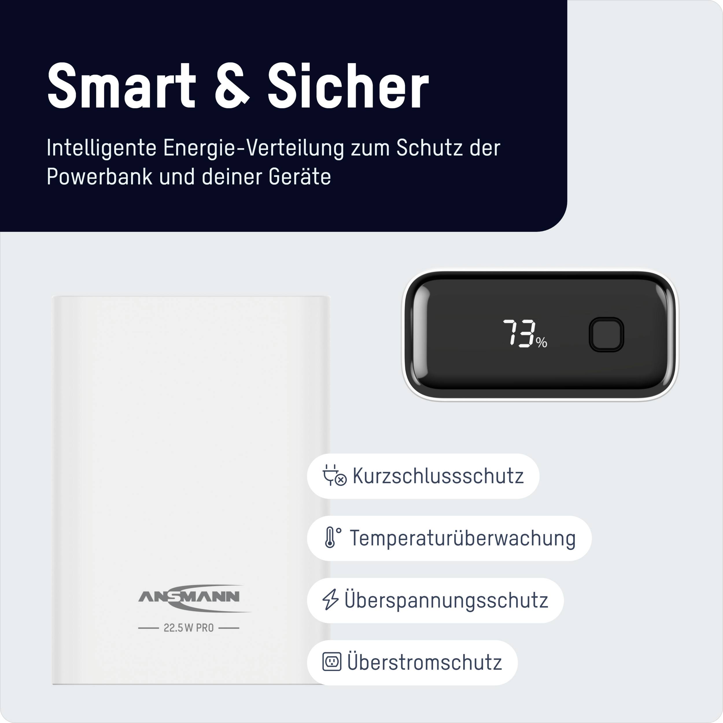 Smartphone-powerbank med 73% opladning, tilbyder beskyttelsesfunktioner som kortslutningsbeskyttelse og temperaturovervågning. Tekst: 'Smart & Sikker'.