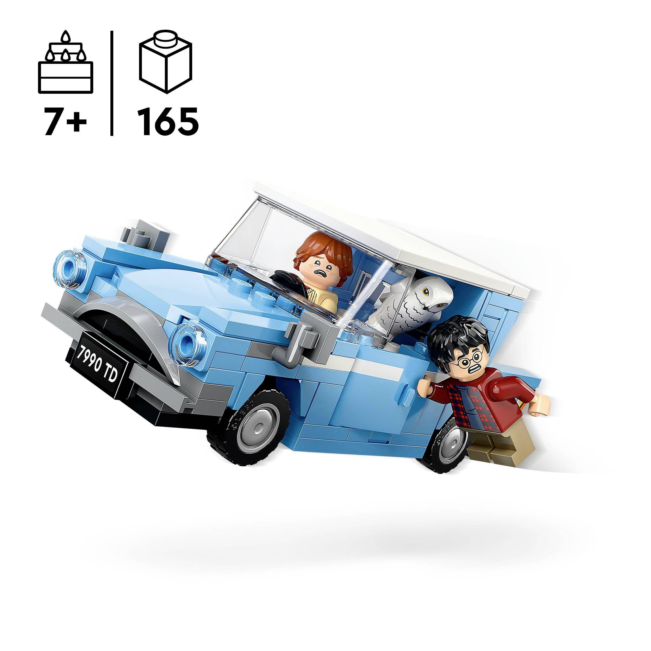 Byggesæt til en blå flyvende bil lavet af byggeklodser med figurer. Egnet for børn fra 7 år. Indeholder 165 dele.