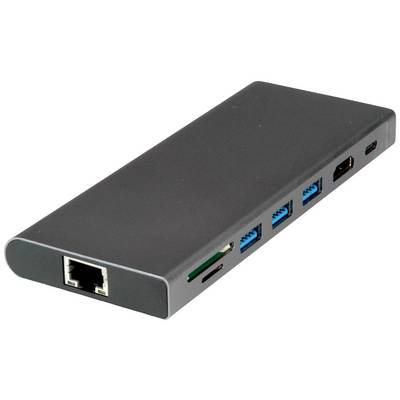 En sort USB-C-hub med flere tilslutninger: Ethernet-port, SD-kortlæser, USB-porte og HDMI-udgang, placeret ved siden af hinanden.