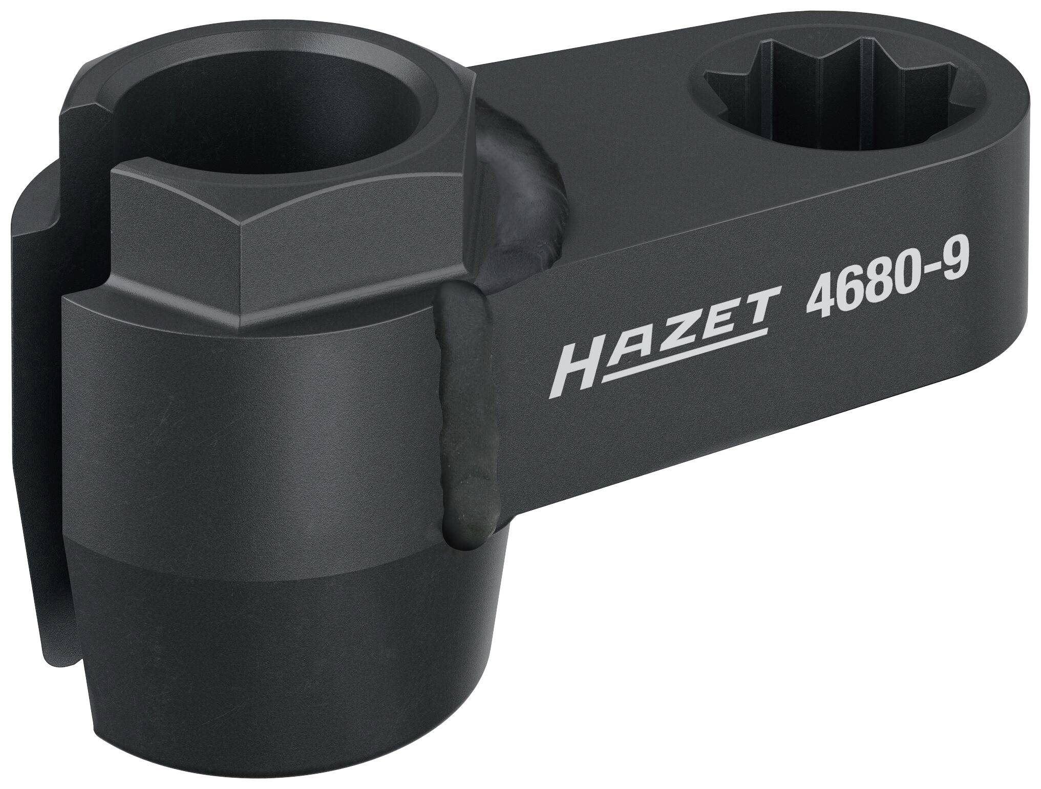 Et sort metalværktøj med påskriften 'Hazet 4680-9', bestående af to åbninger af forskellig størrelse.