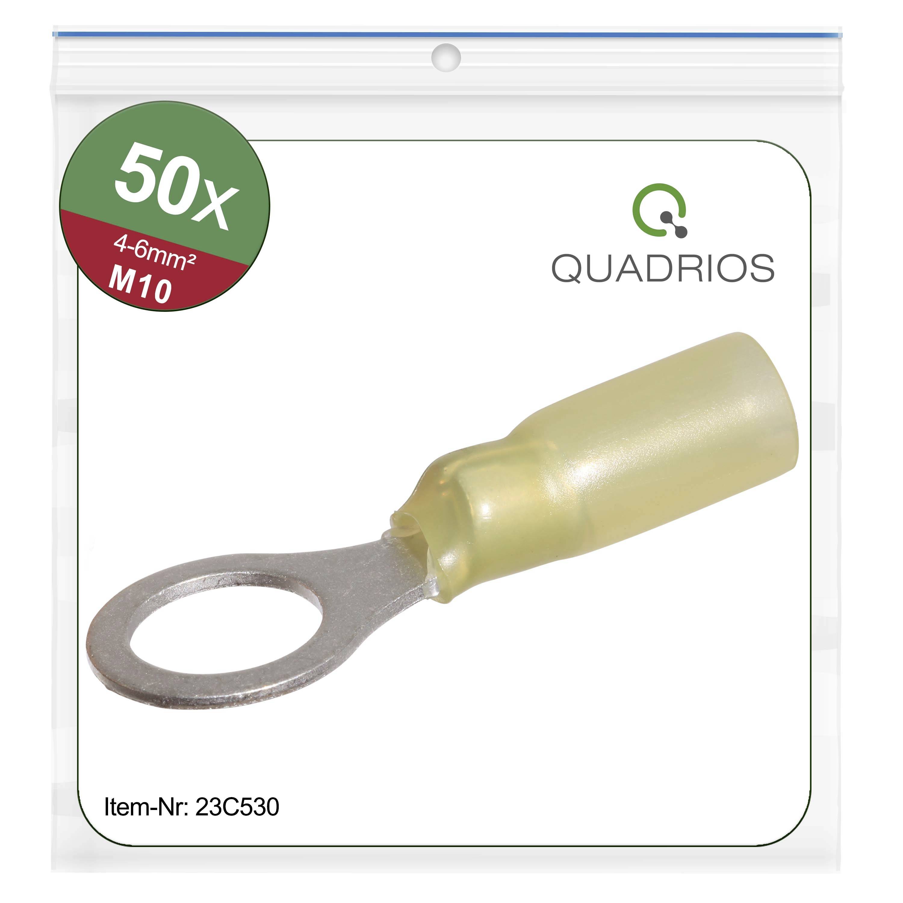 Artiklen viser en ringkabelsko i en emballage. Øverst til venstre står der '50x 4-6mm² M10'. Producentnavnet 'Quadrios' er synligt.