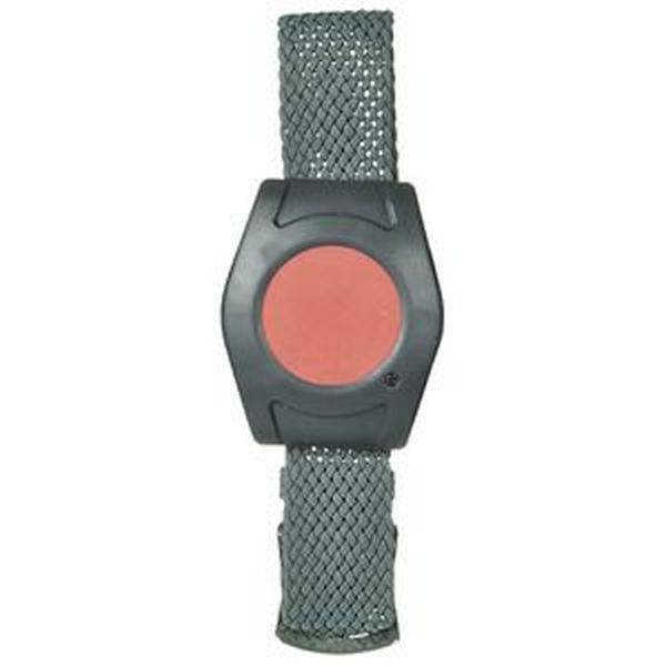 Et ur med et gråt, struktureret armbånd og en stor, rund, rød urskive.