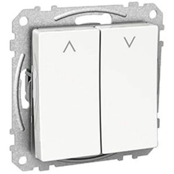 To Hvide vægafbrydere med op- og nedadrettede pile, monteret i en metallisk ramme til elektrisk installation.