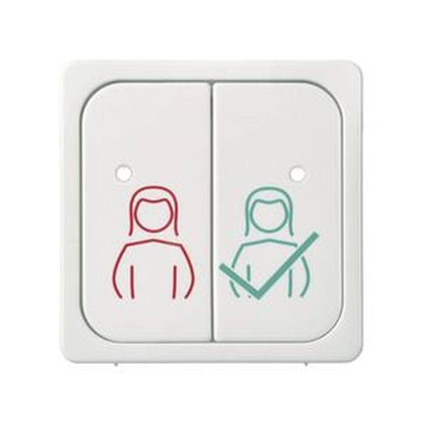 Lyskontakt med to symboler: venstre side rød med en stiliseret person for 'slukket', højre side grøn med et flueben med en stiliseret person for 'tændt'.