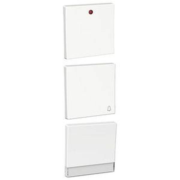 'Tre hvide, firkantede enheder: Øverst med rød prik, i midten med klokkeikon, nederst med gennemsigtig bund.'