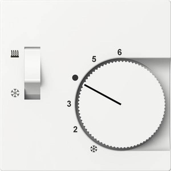 En hvid drejeknap til temperaturkontrol viser niveau 5, ved siden af en skydekontakt med symboler for opvarmning og køling.