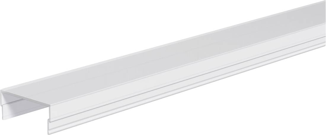 Hvid metaltrim-kanal i U-form med slottet kant, vist i perspektiv på en ensartet baggrund.