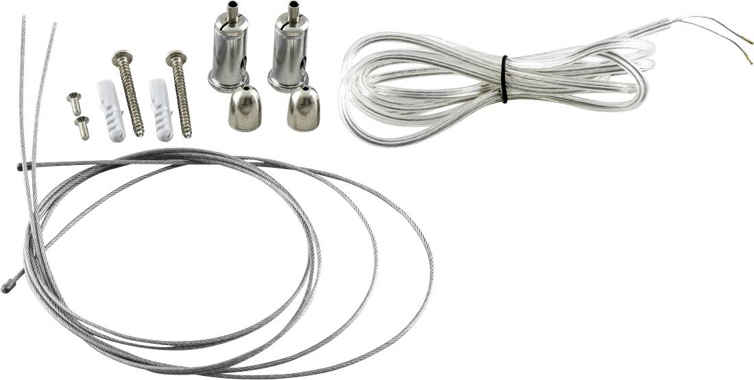 Assorterede metalkabler, skruer og stik til hardwaresamling eller installation.