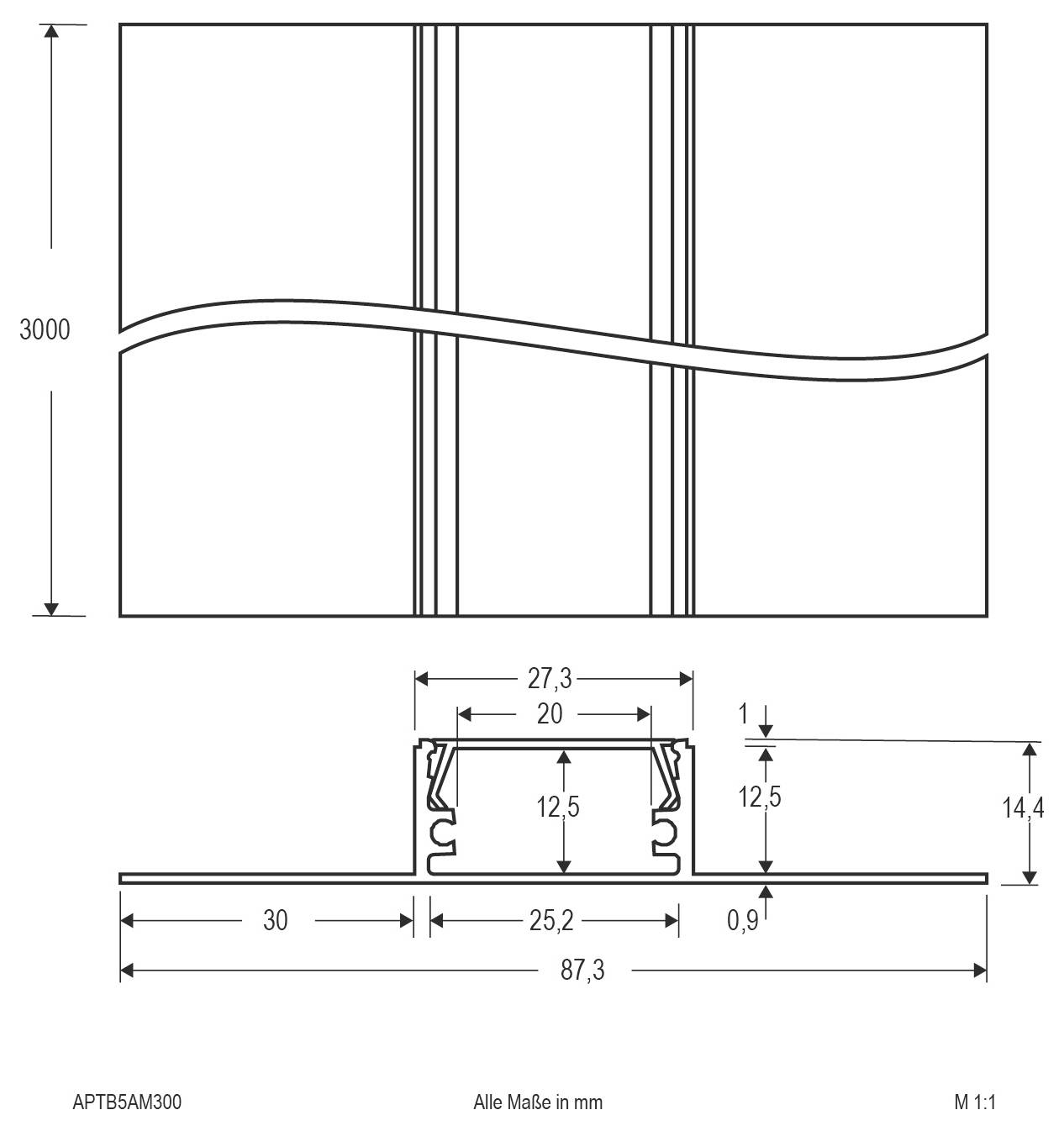 Teknisk tegning af et højt rektangulært metalposter, 650 mm højt og 85 mm bredt, med et detaljeret kvadratisk bundkryds-sektion mærket "Ansicht A".