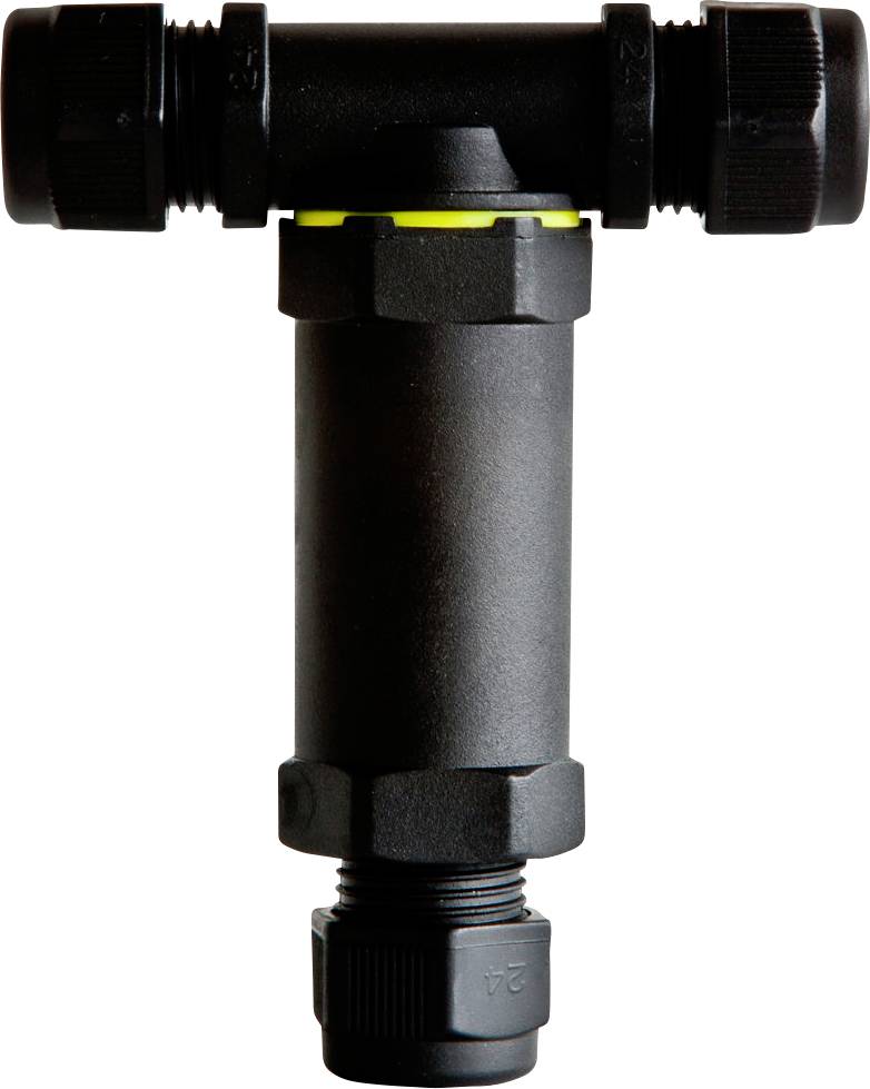 Sort inline cylindrisk rørbinder med gevindende ender og T-formet topmontering.