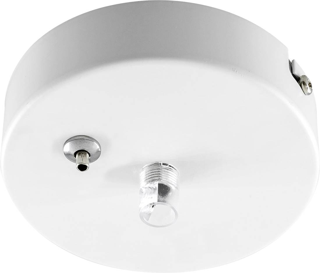 En hvid loftsensor med en linse og et lille metalrør i bunden, muligvis en røg- eller bevægelsesdetektor.