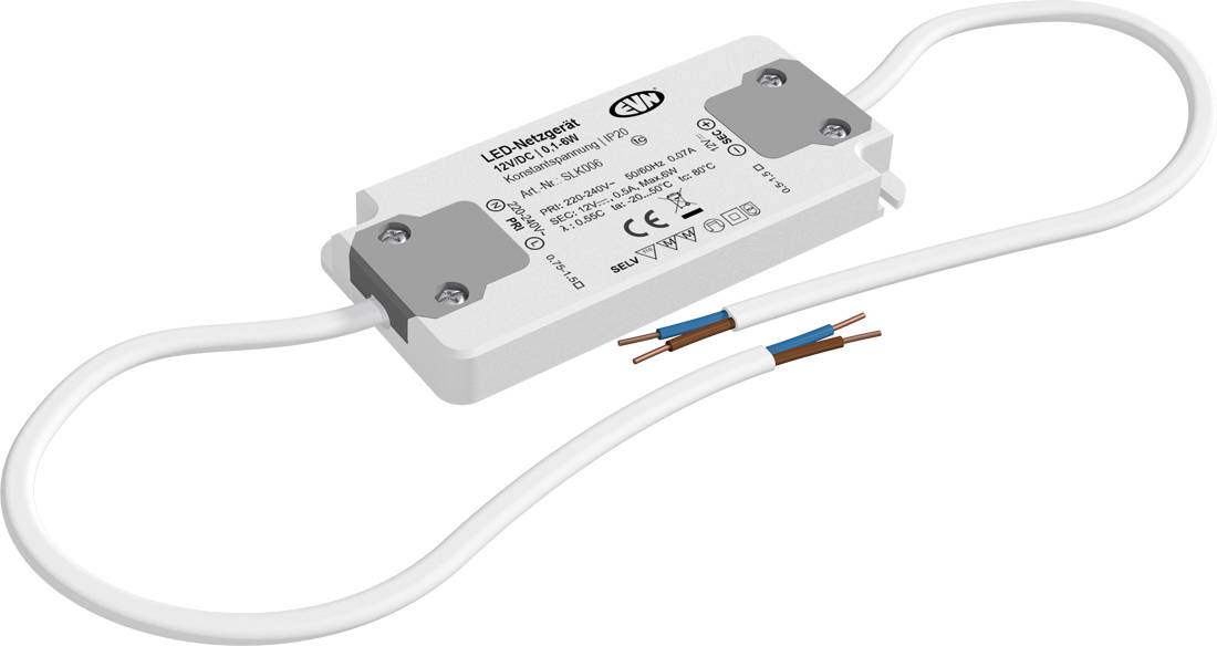 Hvid LED-driver/strømforsyningsmodul med tilsluttede input- og outputkabler, vist med blottede ledningsender.