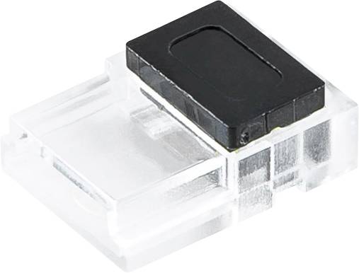 Klar plastik elektronisk stik med en sort top-låg, vist på hvid baggrund.