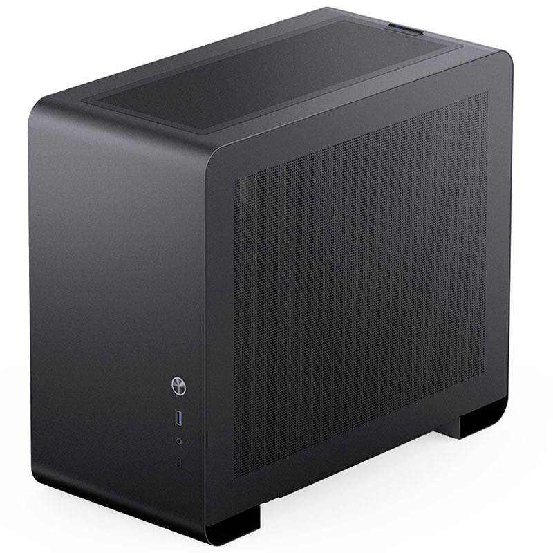 Et sort, minimalistisk computerkabinet med ventilerede sidepaneler og tilslutninger i frontpanelet.