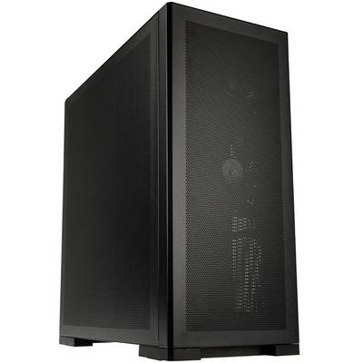 Sort computerkabinet med gitterfront, velegnet til kraftfulde PC-builds, tilbyder optimal ventilation og moderne design.